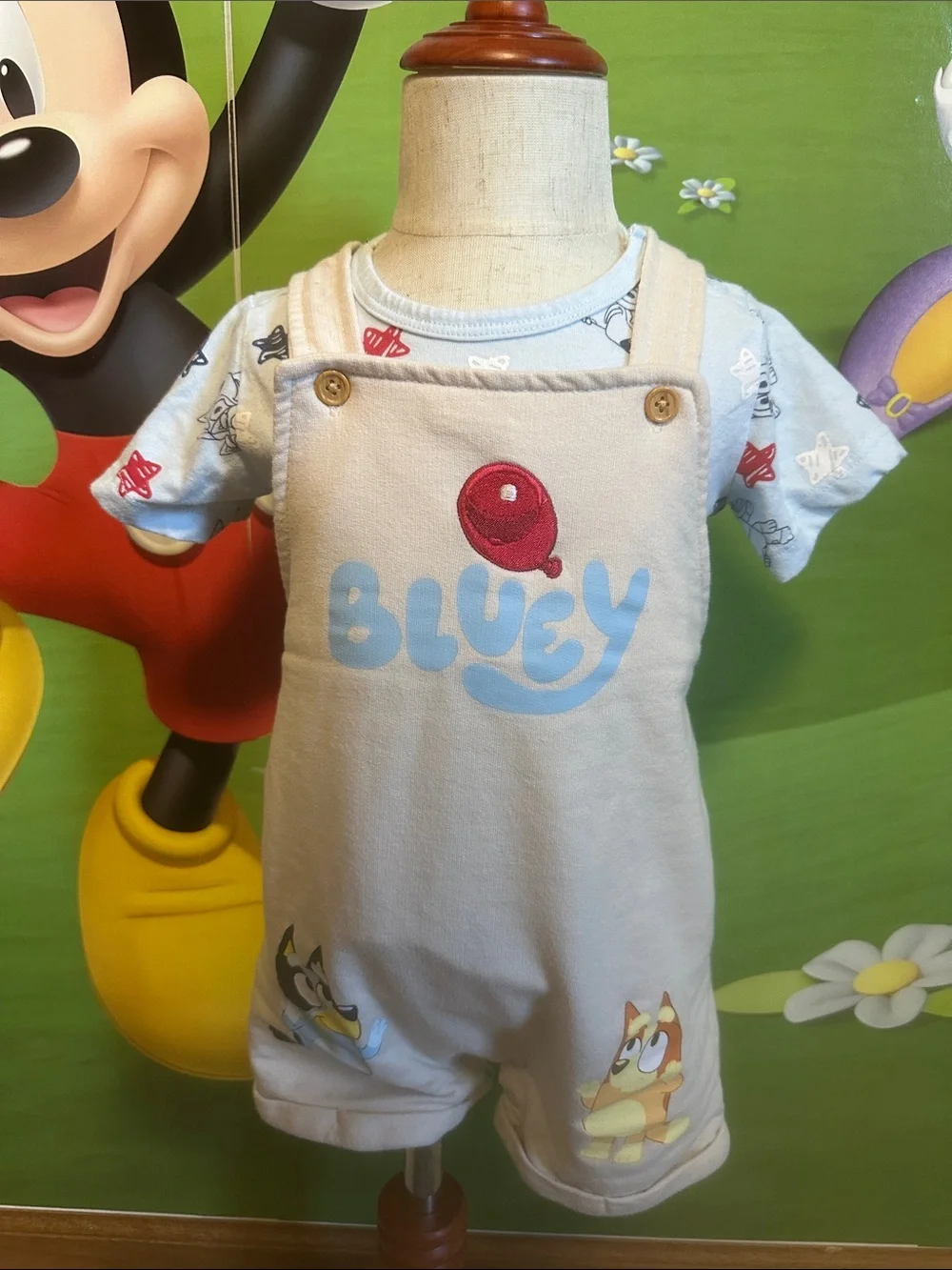 Kids Matching Set - Bluey Print Short Overalls with Light Blue Tee